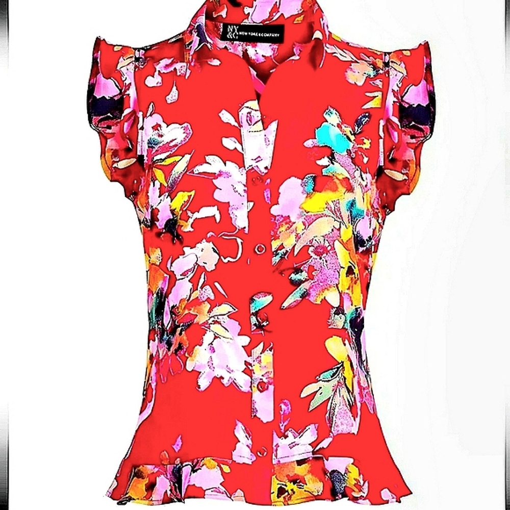 NWT NY&Company Floral Flounced-Hem Blouse Size Large - Picture 10 of 10